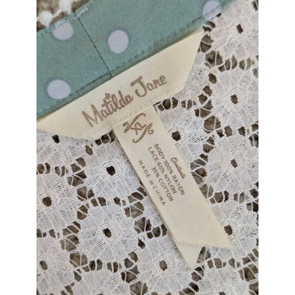 Matilda Jane Womens Enticing Eyelet Top Size XL Green Polka Dot Lace Peasant - Picture 10 of 11